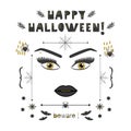 Abstract woman face with golden eyes and long lashes and eyebrows Happy Halloween beware card