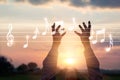 Abstract woman hands touching music notes on nature background,