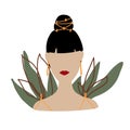 Abstract Woman in minimal style. Modern Fashion Female faceless portrait. Girl in with earrings in green leaves