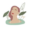 Abstract Woman in minimal style. Modern Female faceless portrait. Girl in water and with green plant leaves behind. Fashion Royalty Free Stock Photo