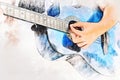 Woman playing acoustic guitar on walking street on watercolor illustration painting background. Royalty Free Stock Photo