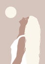 Abstract woman portrait in minimalistic flat style. Indigo women wall print. Female art poster. Boho model girl with moon. Beauty