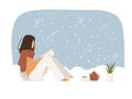 Abstract Woman reading book, tea cup and tea pot, house plant, winter background, snowfall.