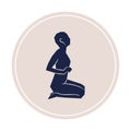 Abstract woman sitting pose on beige label circle. Hand drawn dark blue silhouette. For packaging, card, social media, poster,