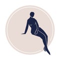 Abstract woman sitting pose on beige label circle. Hand drawn dark blue silhouette. For packaging, card, social media, poster,