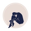 Abstract woman sitting pose on beige label circle. Hand drawn dark blue silhouette. For packaging, card, social media, poster,