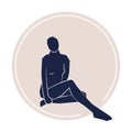 Abstract woman sitting pose on beige label circle. Hand drawn dark blue silhouette. For packaging, card, social media, poster,