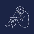 Abstract woman sitting pose on dark blue background. White outline. Concept of loneliness, depression, mental health. Vector