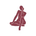 Abstract woman sitting pose on white background. Hand drawn burgundy silhouette. For home decoration, card, social media post, Royalty Free Stock Photo