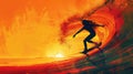 Abstract Woman Skater in Golden Light Curve And Red Background