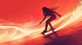 Abstract Woman Skater in Golden Light Curve And Red Background