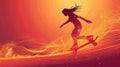 Abstract Woman Skater in Golden Light Curve And Red Background