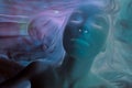 Abstract woman or soul portrait in blue infrared. Outer space or underwater world. Day of the dead