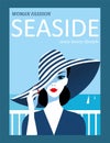 Abstract woman with striped hat on sea background. Fashion magazine cover design Royalty Free Stock Photo