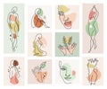 Abstract woman vector background set in continuous line art. Fashion cards with female faces, hands, postures, color Royalty Free Stock Photo