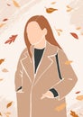 Abstract woman vector figure with textures and fall leaves. Contemporary art. Fashion female figure in modern style