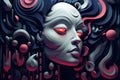 Abstract woman with wave and spheres hair and red eyes, cyberpunk doll AI