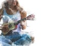 Abstract women playing acoustic guitar watercolor paint. Royalty Free Stock Photo