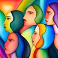 Abstract womens faces in rainbow pride colors for diversity or lgbt generative ai illustration