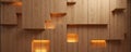 Abstract wood panel wall with recessed illuminated shelving. Geometric pattern of light and shadow creates modern decor. Natural Royalty Free Stock Photo