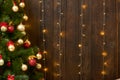 Abstract wooden background with christmas tree and lights, classic dark interior backdrop, copy space for text, winter holiday con Royalty Free Stock Photo