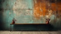 Abstract Wooden Bench In Turquoise And Orange Room