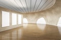Abstract wooden cave interior with empty white mock up poster on wall and reflections on floor. Museum and exhibition concept. 3D