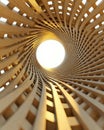 Abstract wooden spiral structure creating mesmerizing tunnel effect,