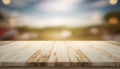 Abstract wooden table top with blur sky background. Created using generative AI. Royalty Free Stock Photo