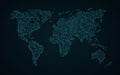 Abstract world map of binary code. Glowing map of the earth. Dark blue background. Blue lights. Sci-fi technology. Programming, bi