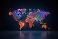 Abstract world map with colorful lights on dark background. Vector illustration, pixel world map with spot lights, AI Generated