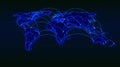 Abstract world map from digital binary code on a dark grid background, global internet transactions between cities and countries Royalty Free Stock Photo