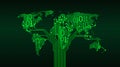 Abstract world map from a digital binary code on a grid background, a connection between cities in the form of a printed circuit b