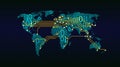 Abstract world map from a digital binary code on a grid background, connection between cities in the form of a printed circuit boa Royalty Free Stock Photo
