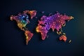 Abstract world map with glowing dots on dark background. Vector illustration, pixel world map with spot lights, AI Generated