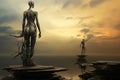 abstract world in style of surrealism, woman and man standing on rocks in sea, far from each other, rear view, their bodies