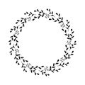 Abstract wreath of twigs  leaves  berries. Floral round frame  drawing in black color doodle style. Decorative border Royalty Free Stock Photo