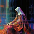 Abstract Y2k Databending Twist: The Hooded Woman On A Colorful Colored Couch