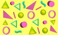 Abstract yellow background with bright sphere, triangle, wave and cones. 3d rendering