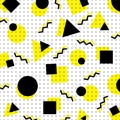 Abstract yellow and black geometric circle, square, triangle pattern on white background memphis style Royalty Free Stock Photo