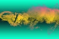 Abstract yellow blast wave on neon green gradient background, dirty yellow chaotic brushes