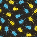 Abstract Yellow and Blue Rhinoceros Beetles Vector Graphic Seamless Pattern