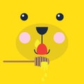 Abstract cartoon teddy bear looking face licking yummy honey on yellow