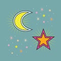 Abstract yellow dotted and colorful moon crescent and stars icons in the sky