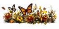 abstract yellow flowers, green leaves, plants, and flying butterflies Royalty Free Stock Photo