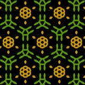 Abstract, Yellow Flowers And Green Lines. Black Background. Seamless Pattern.