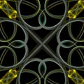 Abstract yellow gray geometrical pattern made of curved garlic plants on black