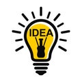 Abstract yellow idea light bulb icon with rays.