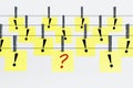 Abstract yellow papers with question and exclamation marks hanging on ropes. Solution and answer concept.