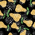 Abstract yellow pears seamless pattern on black background. Sweet fruits wallpaper in doodle style